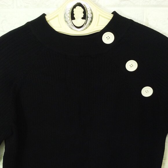 Vintage 80s dressbarn Ribbed Knit Sweater Lady-L Mockneck Faux-Buttons LSL Black - Picture 3 of 10